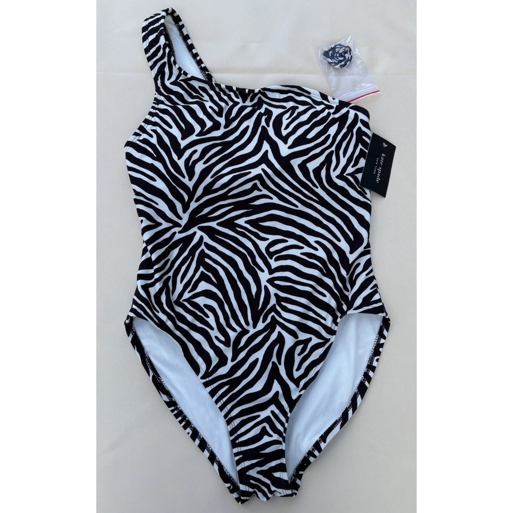 Kate Spade One Shoulder One Piece Swimsuit Zebra Print Black White S S2A396A NWT